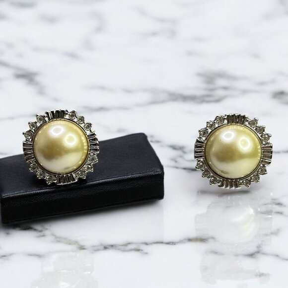 KJL Kenneth Lane Jewelry - Vintage KJL Kenneth Lane Faux Pearl & Rhinestone Earrings